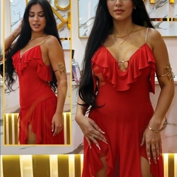 Elegant Ruffle Trim Mesh High-Low Slip Dress