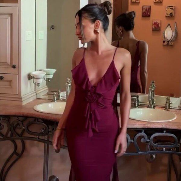 Chic Wine Red Ruffled Maxi Dress