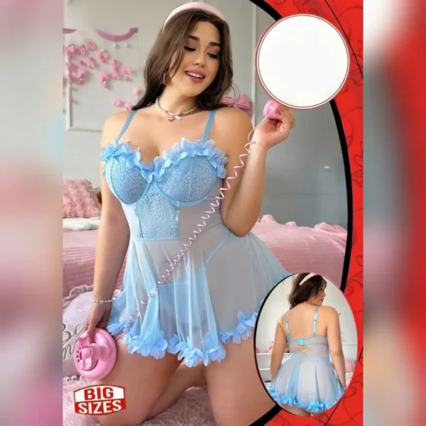 Elegant Powder Blue Floral Mesh Babydoll Lingerie Set