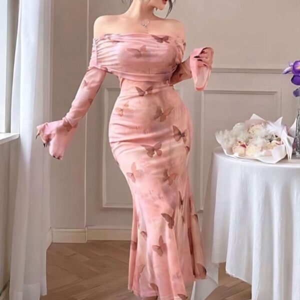 Romantic Off-the-Shoulder Butterfly Print Dress
