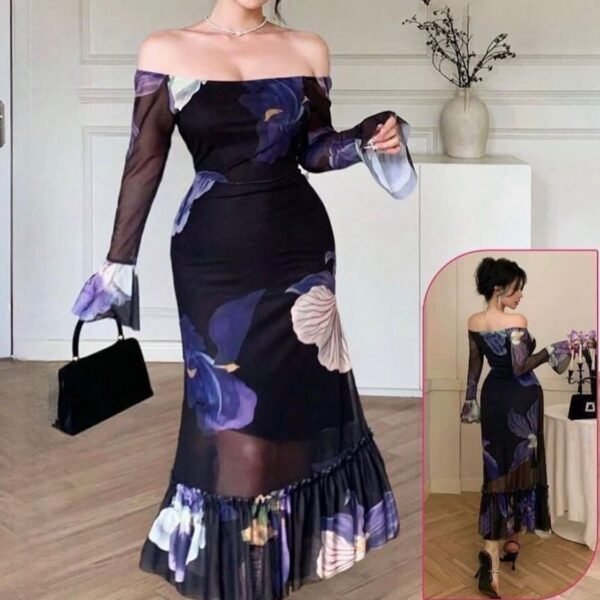 Off-the-Shoulder Floral & Solid Mesh Maxi Dress