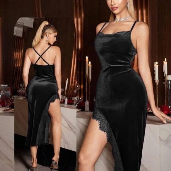 Luxurious Velvet Lace-Trim Midi Dress