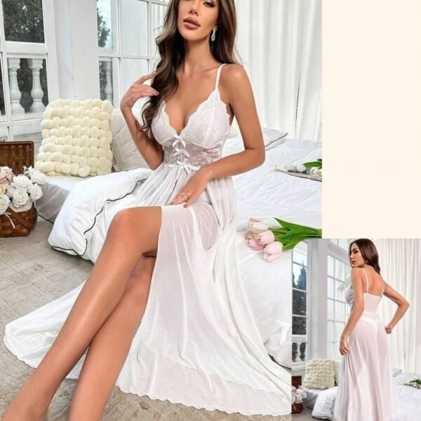 Elegant White Lace and Chiffon Maxi Chemise