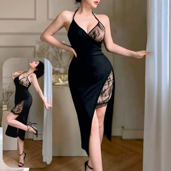 Chic Black Lace-Paneled Slit Dress