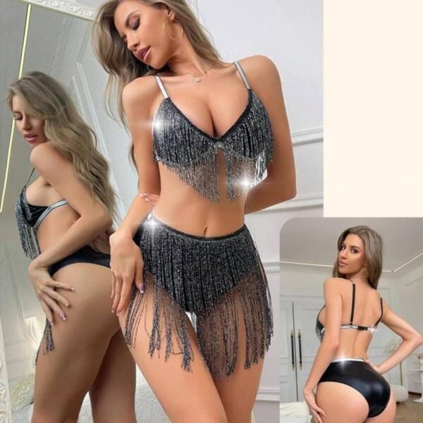 Glittering Black & Silver Fringe Lingerie Set