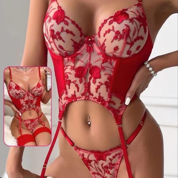 Romantic Red Floral Embroidered Lingerie Set