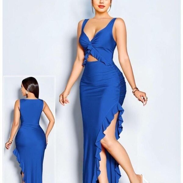 Dazzling Royal Blue Ruffled Cut-Out Gown