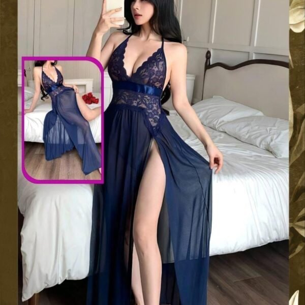 Navy Blue Lace and Chiffon Maxi Nightgown