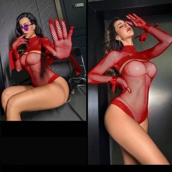 Red Fishnet Cutout Bodysuit