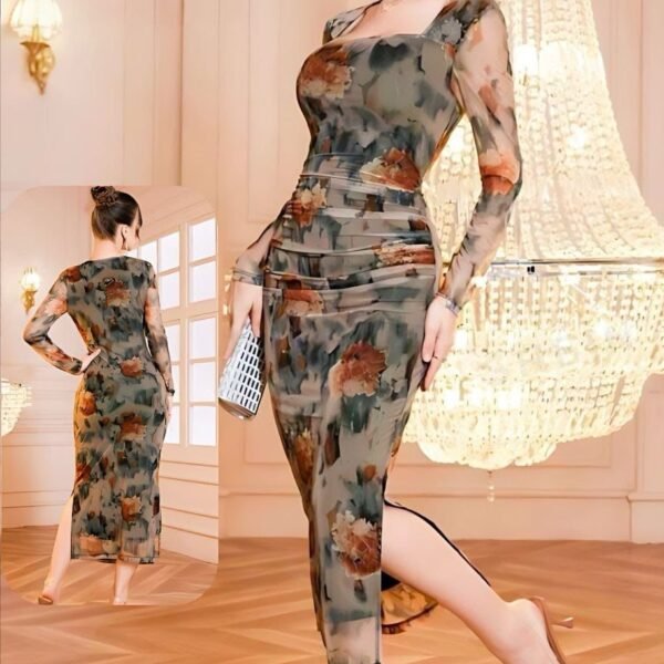 Romantic Floral Mesh Ruched Midi Dress