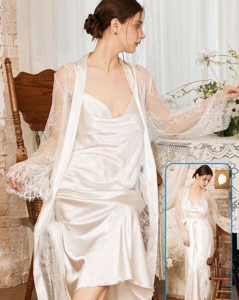 Luxurious Satin & Lace Long Robe Set
