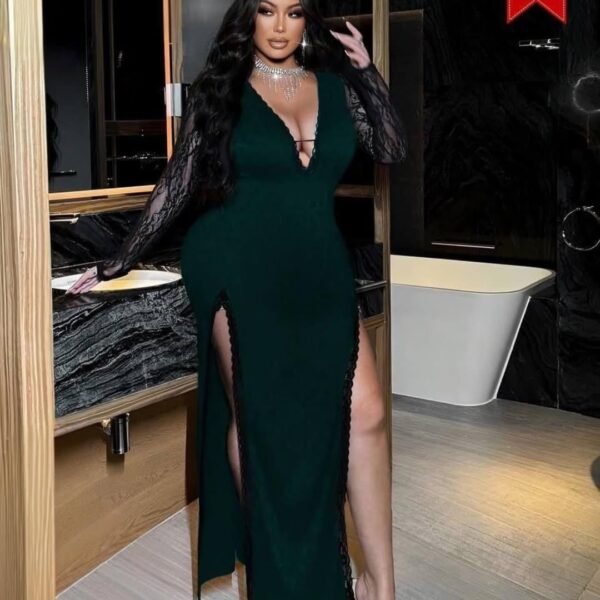 Elegant Lace-Sleeve High Slit Maxi Dress