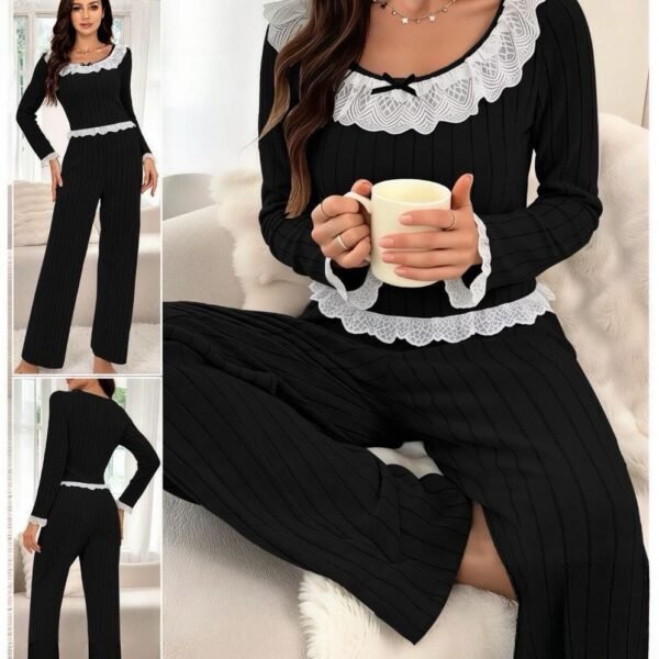 Elegant Rib-Knit Pajama Set with Lace Trim