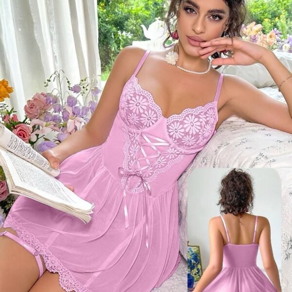 Elegant Lace-Up Floral Lace Baby Doll Nightdress