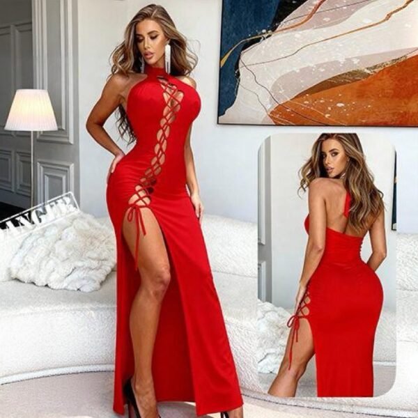 Seductive Lace-Up High Slit Maxi Dress