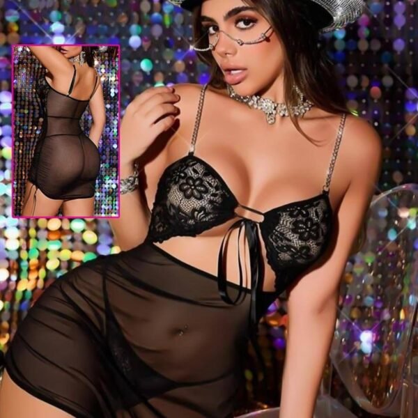 Black Lace & Mesh Mini Chemise Set with Chain Straps