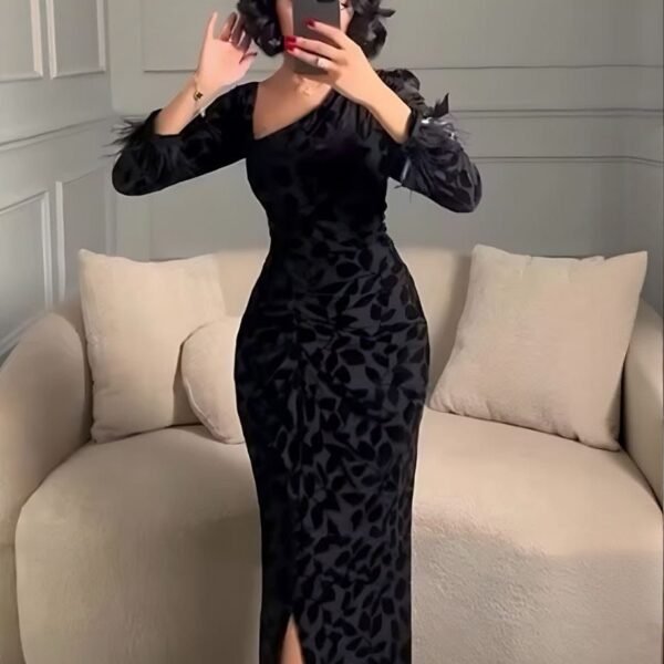 Elegant Asymmetric Black Velvet Burnout Maxi Dress with Feather Detailing