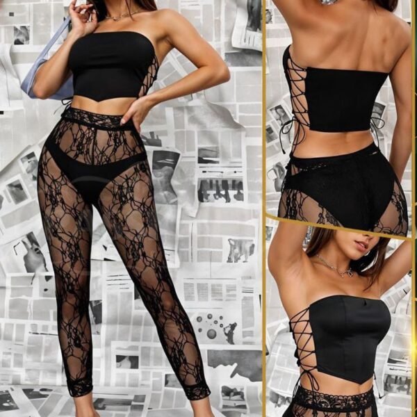 Sheer Floral Lace Leggings Set - Black