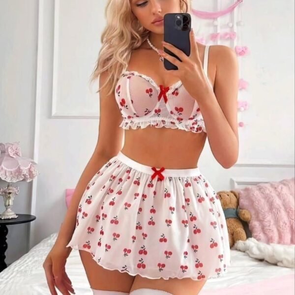 Cherry Print Mesh Lingerie Set