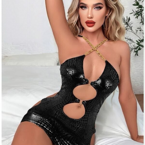 Faux Leather Snake-Print Halter Mini Dress