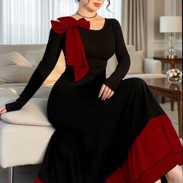 Elegant Black Long-Sleeve Maxi Dress with Bow and Ruffled Hem