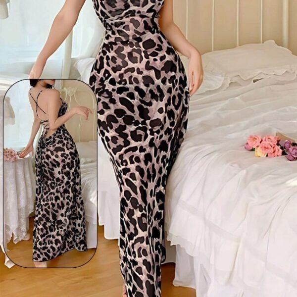 Elegant Leopard Print Backless Maxi Dress