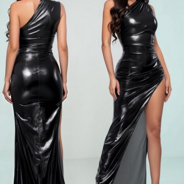 Sleek One-Shoulder Metallic Maxi Dress