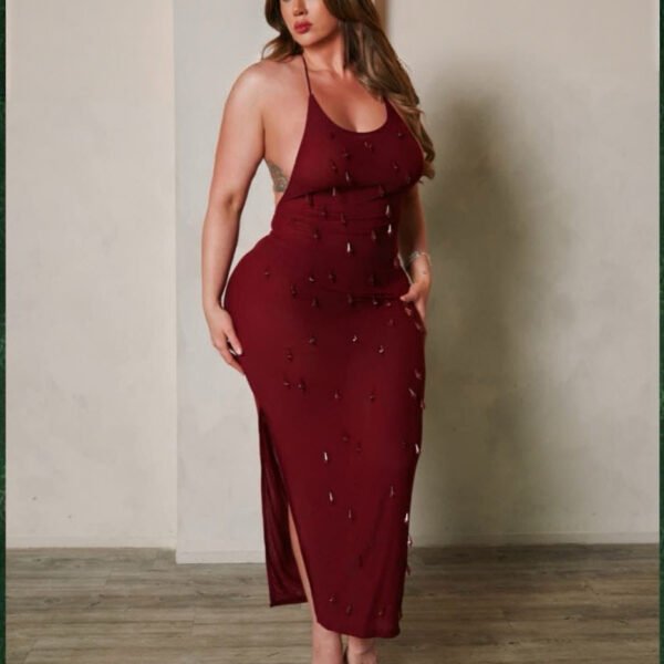 Embellished Backless Halter Maxi Dress