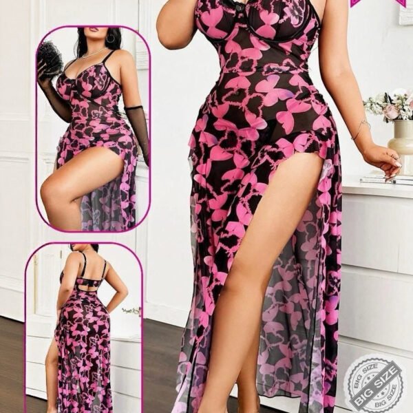 Plus Size Butterfly Print Mesh Maxi Dress with High Slit