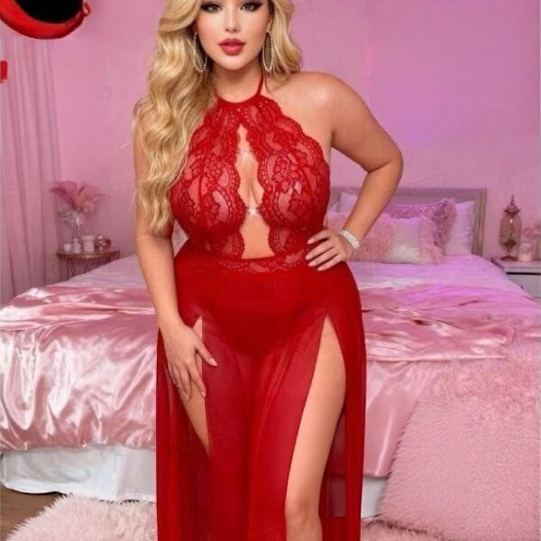 Plus Size Red Lace Halter Maxi Lingerie Gown with Double High Slits