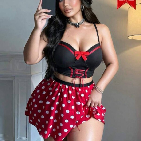 2-Piece Polka Dot Skirt & Lace-Up Bustier Set