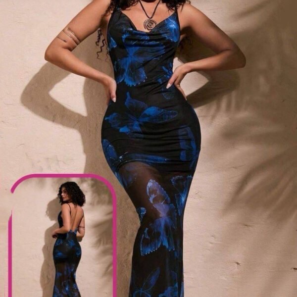 Ethereal Butterfly Print Mesh Maxi Dress – Midnight Blue & Black