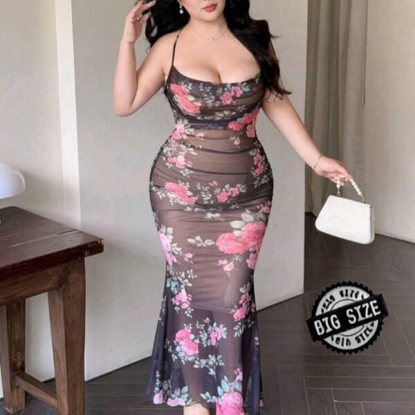 Elegant Floral Mesh Bodycon Midi Dress