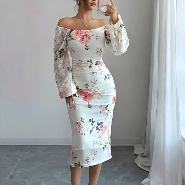 Elegant Floral Ruched Bodycon Midi Dress