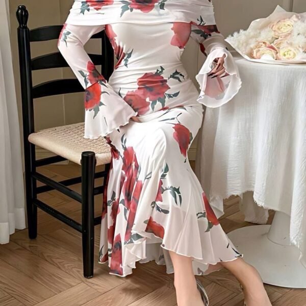 Off-Shoulder Floral Mesh Mermaid Dress with Bell Sleeves