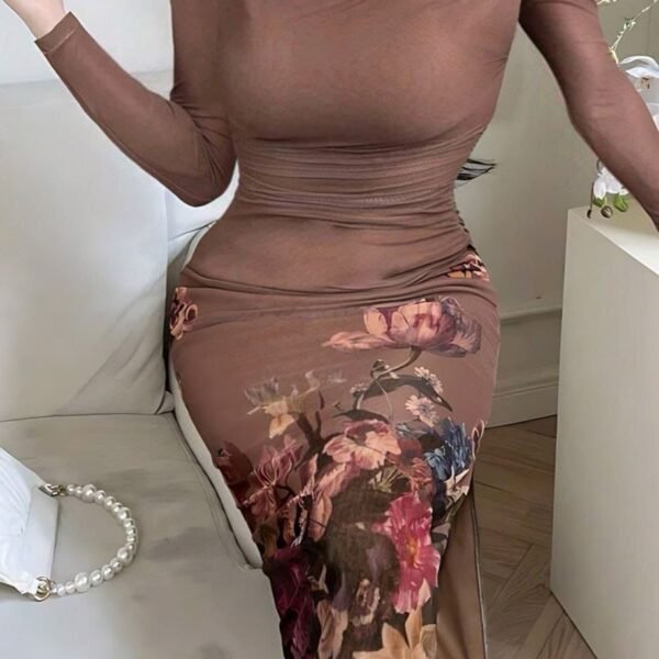 Elegant Floral Mesh Bodycon Maxi Dress