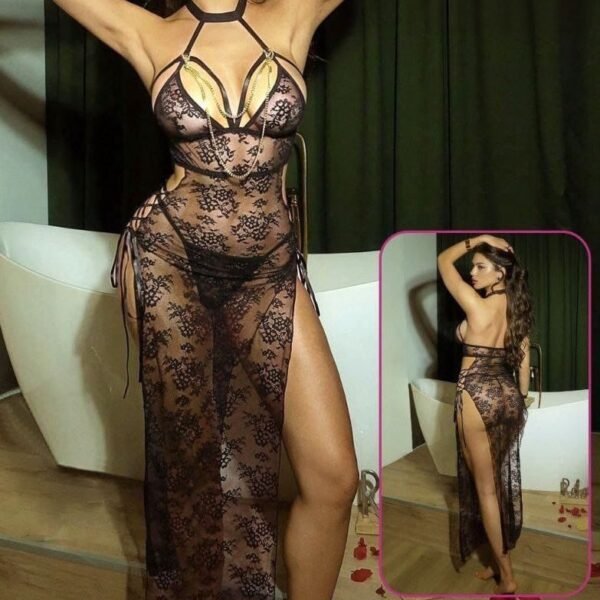 Exquisite Floral Lace Halter Gown with Gold Chain Detail