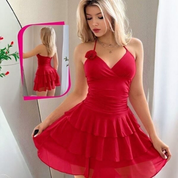 Halter-Neck Layered Mini Dress with Floral Detail