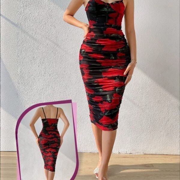 Floral Ruched Bodycon Midi Dress with Corset Bodice