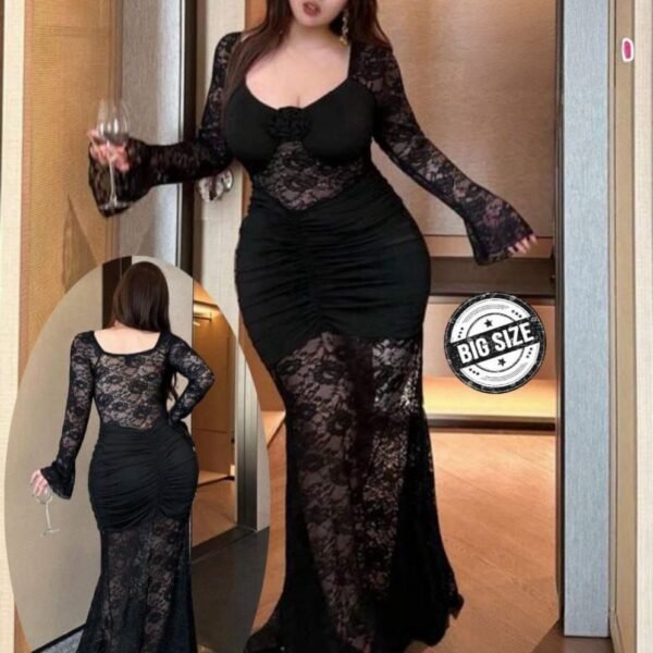 Elegant Black Floral Lace Mermaid Maxi Dress - Plus Size Collection