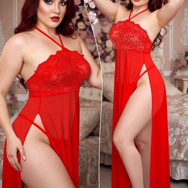 Elegant Lace & Chiffon Halter Nightgown with High Side Slit