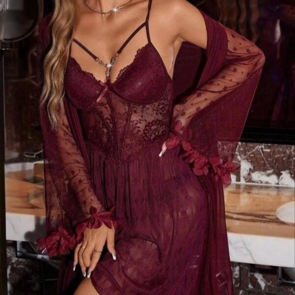 Elegant Burgundy Lace Lingerie Set with Matching Robe