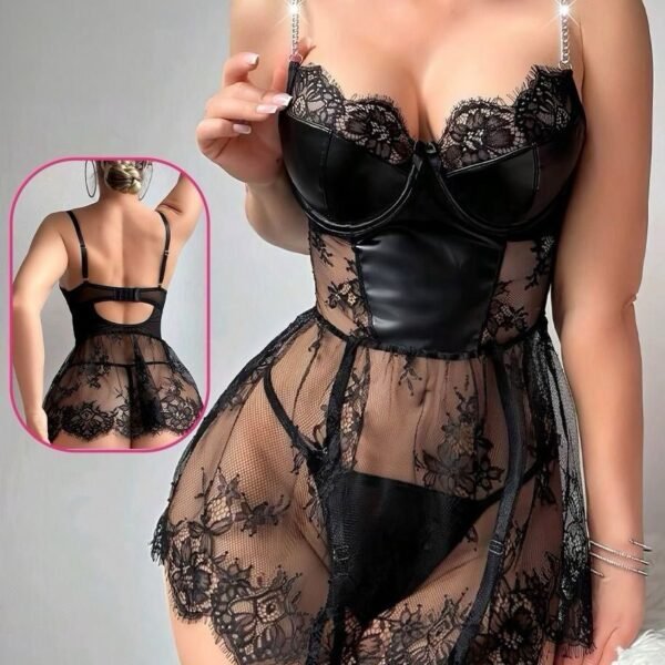 Black Lace & Faux Leather Babydoll Set