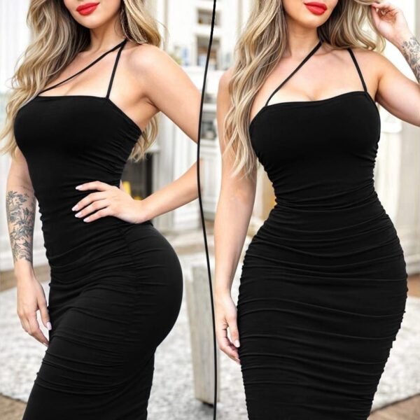 Elegant Ruched Bodycon Midi Dress with Asymmetric Straps
