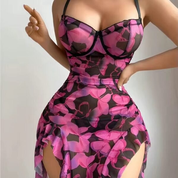 Butterfly Print Mesh Maxi Dress with High Slits