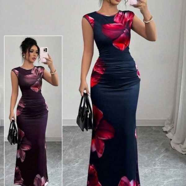 Elegant Floral Ruched Maxi Dress