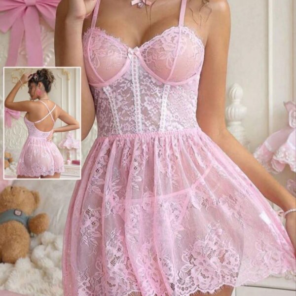 Pink Floral Lace Babydoll Set