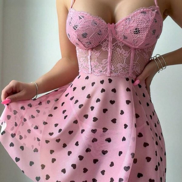 Pink Heart-Print Lace Corset Mini Dress