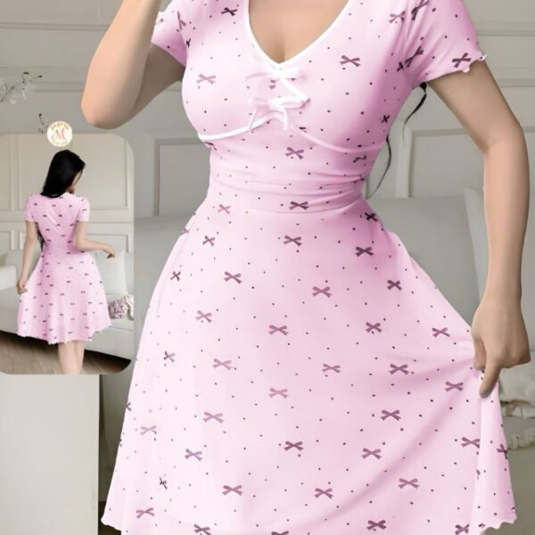 Soft Pink Bow-Print Flutter Dress