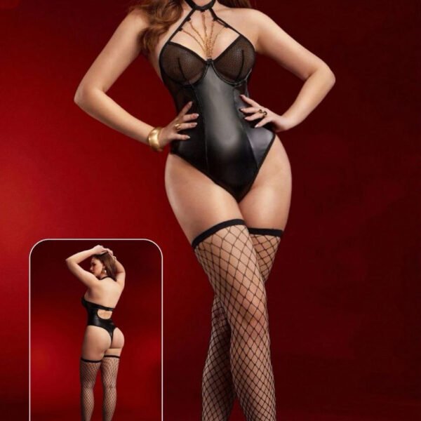 Dark Glamour Faux-Leather Bodysuit Set